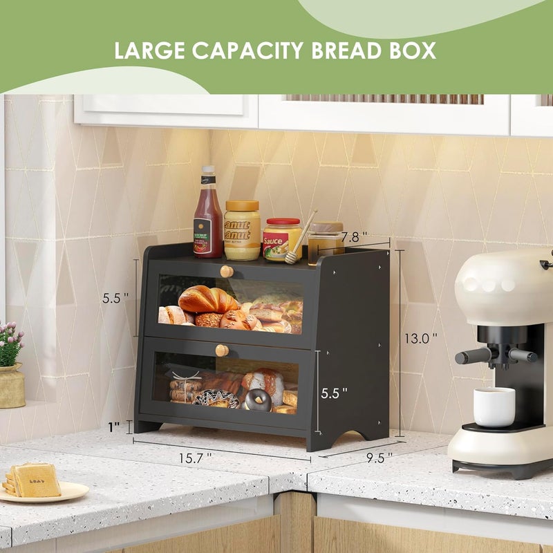 JANSNIMEN Double Layer Bread Box for Kitchen Countertop, Large Breadbox Bread Container Storage with Acrylic Door, Wooden Farmhouse Bread Holder (Black, Medim-15.7" L x 9.5" W x 13" H) - Image 2