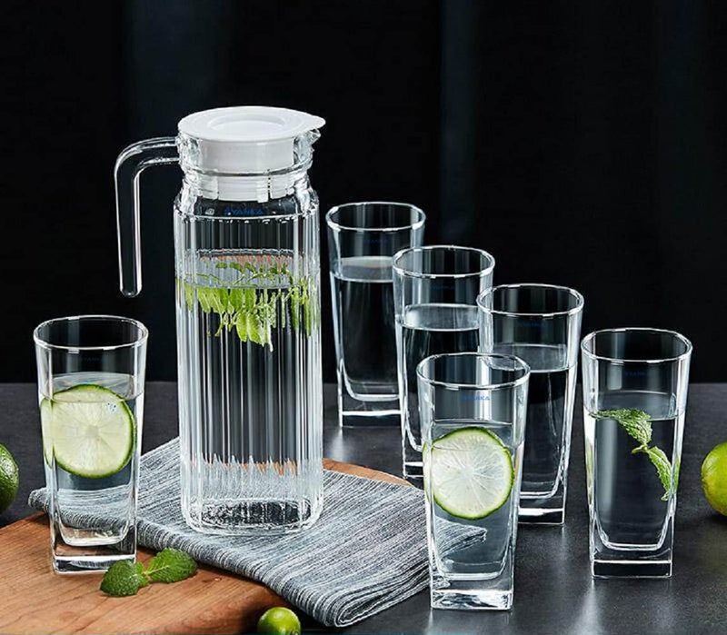 SYANKA Premium Juice and Water Glasses Set of 6 and Jug Set Combo - Glasses 270ML, Jug 1-Liter, Glasses and Jug Set for Dining Table, Transparent - Image 1