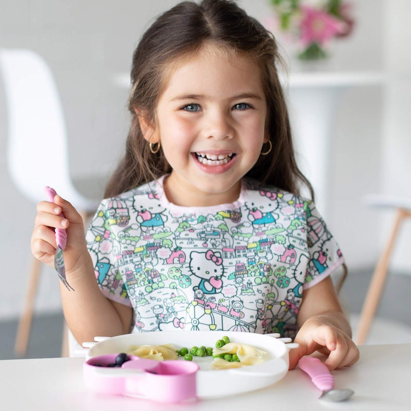 Bumkins Toddler Utensils, Kids Size Fork and Spoon Set, Silicone and Stainless-Steel Training Silverware, Angled Fork / Spork for Self-Feeding, Children Learning to Eat, 18 Mos Up, Hello Kitty Pink - Image 4