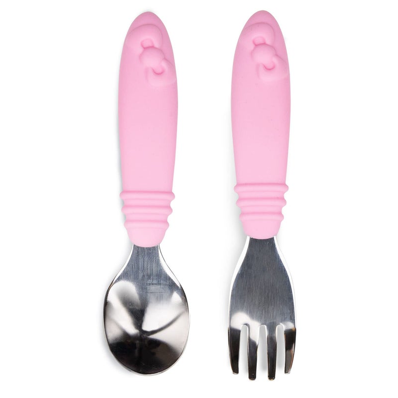 Bumkins Toddler Utensils, Kids Size Fork and Spoon Set, Silicone and Stainless-Steel Training Silverware, Angled Fork / Spork for Self-Feeding, Children Learning to Eat, 18 Mos Up, Hello Kitty Pink - Image 1