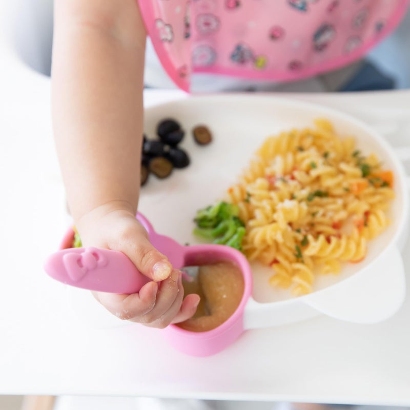 Bumkins Toddler Utensils, Kids Size Fork and Spoon Set, Silicone and Stainless-Steel Training Silverware, Angled Fork / Spork for Self-Feeding, Children Learning to Eat, 18 Mos Up, Hello Kitty Pink - Image 3