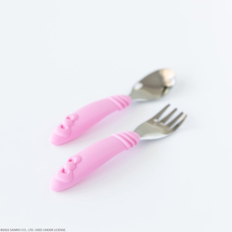 Bumkins Toddler Utensils, Kids Size Fork and Spoon Set, Silicone and Stainless-Steel Training Silverware, Angled Fork / Spork for Self-Feeding, Children Learning to Eat, 18 Mos Up, Hello Kitty Pink - Image 2