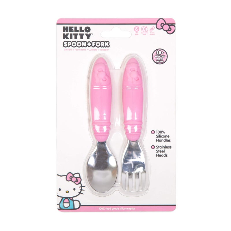 Bumkins Toddler Utensils, Kids Size Fork and Spoon Set, Silicone and Stainless-Steel Training Silverware, Angled Fork / Spork for Self-Feeding, Children Learning to Eat, 18 Mos Up, Hello Kitty Pink - Image 5