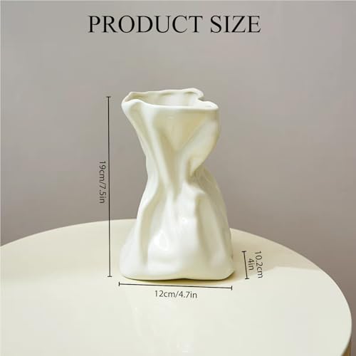 FOWSEEK 6IN Cream Ceramic Vase, Irregular Flower Vase Modern Art Decorative Vase for Flowers, Unique Paper Bag Vase for Home Office Centerpieces Entryway Bookshelf Living Room Table Decor - Image 2