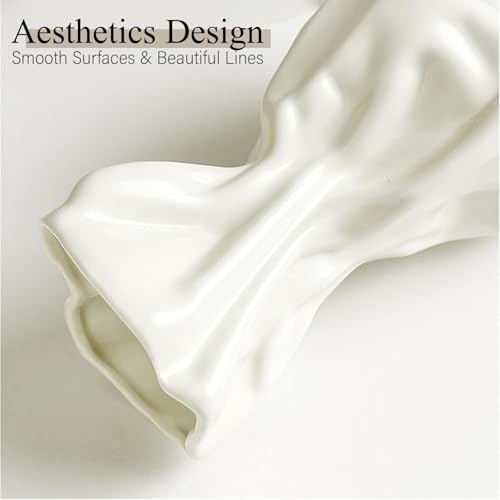 FOWSEEK 6IN Cream Ceramic Vase, Irregular Flower Vase Modern Art Decorative Vase for Flowers, Unique Paper Bag Vase for Home Office Centerpieces Entryway Bookshelf Living Room Table Decor - Image 3
