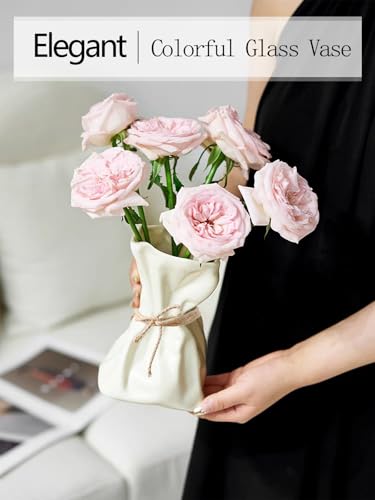 FOWSEEK 6IN Cream Ceramic Vase, Irregular Flower Vase Modern Art Decorative Vase for Flowers, Unique Paper Bag Vase for Home Office Centerpieces Entryway Bookshelf Living Room Table Decor - Image 4