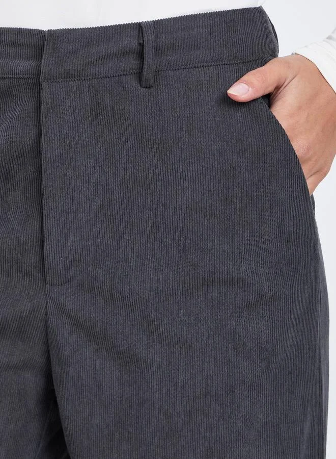 Styli Women Charcoal Corduroy Flat Front Wide Leg Pants