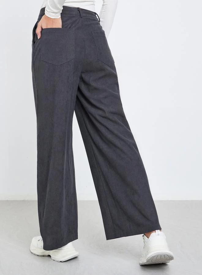 Styli Women Charcoal Corduroy Flat Front Wide Leg Pants