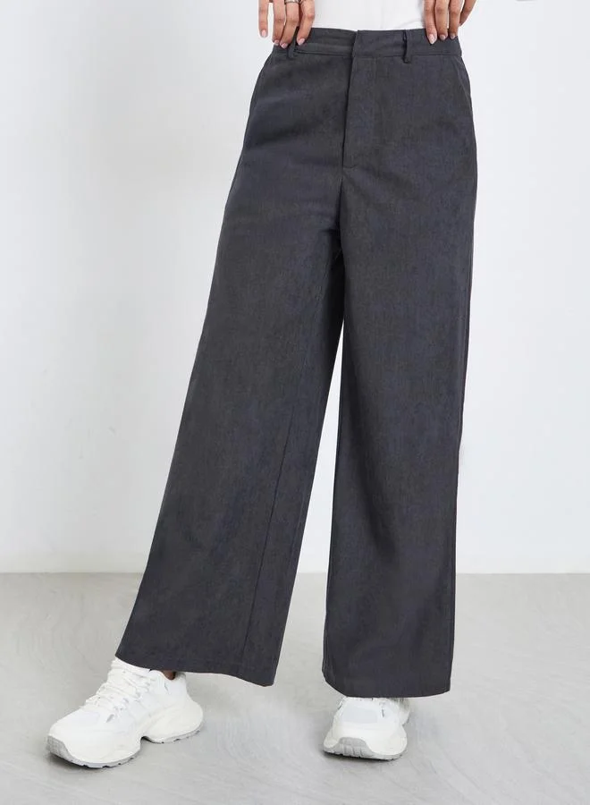 Styli Styli Women Charcoal Corduroy Flat Front Wide Leg Pants