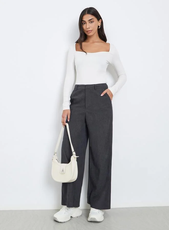 Styli Styli Women Charcoal Corduroy Flat Front Wide Leg Pants