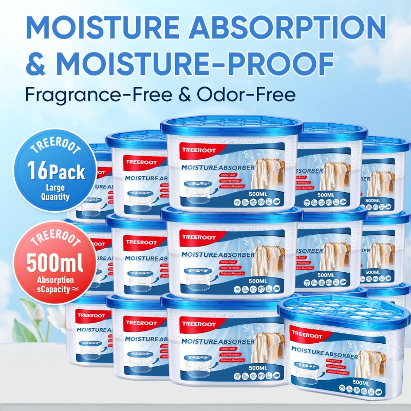 Treeroot 16 Pack Moisture Absorbers, 10.6 OZ Humidity Absorber Bucket, Moisture Absorbers for Closet, Dehumidifier Bucket for Wardrobes, Kitchens and Bathrooms, Fragrance Free Humidity Absorber - Image 2
