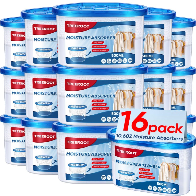 Treeroot 16 Pack Moisture Absorbers, 10.6 OZ Humidity Absorber Bucket, Moisture Absorbers for Closet, Dehumidifier Bucket for Wardrobes, Kitchens and Bathrooms, Fragrance Free Humidity Absorber - Image 1