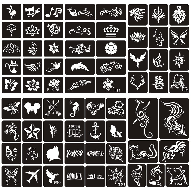 Kotbs 6 Sheets Temporary Tattoo Stencil Kit 58pcs Fox Butterfly Dragon Flower Patterns Body Paint Henna Tattoo Stencil Glitter Stencil Tattoo for Halloween Party