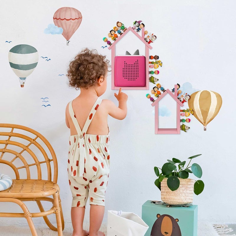 Exttlliy for Tonies Shelf Magnetic - for Tonies Figure Organizer Kids Room, Wooden Display Shelf for Tonies Box Holder, Wall Floating Shelves Toy Storage, House Shape Set of 2 with 38Pcs Metal Plate (Pink) - Image 2