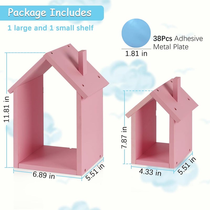 Exttlliy for Tonies Shelf Magnetic - for Tonies Figure Organizer Kids Room, Wooden Display Shelf for Tonies Box Holder, Wall Floating Shelves Toy Storage, House Shape Set of 2 with 38Pcs Metal Plate (Pink) - Image 3