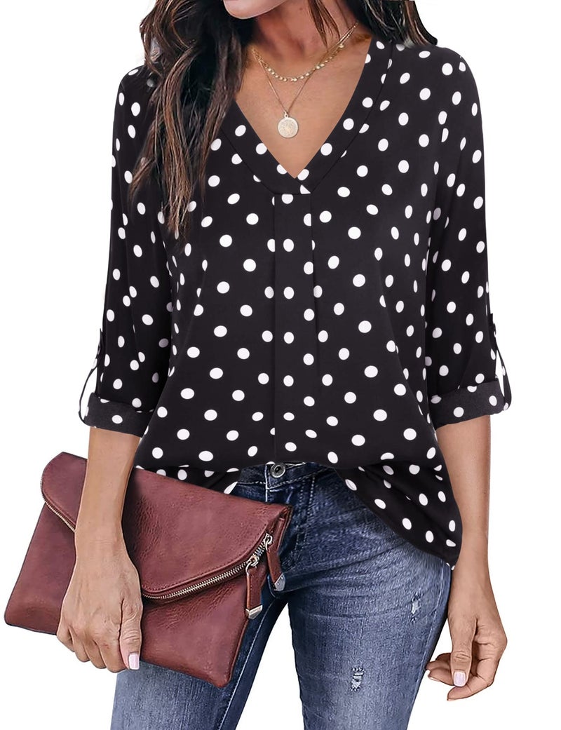 Youtalia Work Blouses for Women Office, Ladies Tops for Leggings Chiffon Long Sleeve Top Vintage Polka Dot Blouses Loose Fit Casual Shirts for Women Black Dot X-Large - Image 2