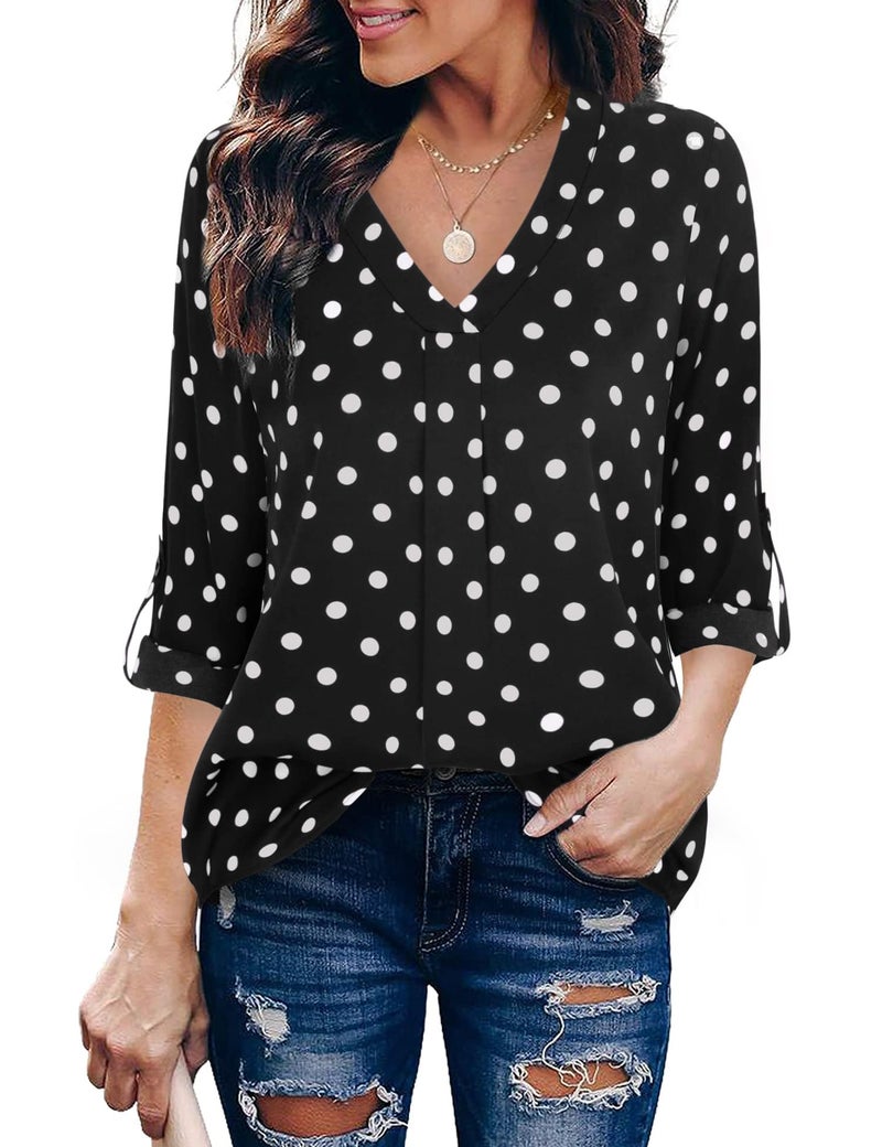 Youtalia Work Blouses for Women Office, Ladies Tops for Leggings Chiffon Long Sleeve Top Vintage Polka Dot Blouses Loose Fit Casual Shirts for Women Black Dot X-Large - Image 1