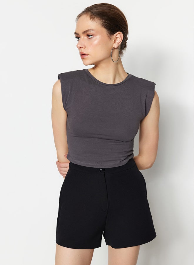trendyol Anthracite Padded Fitted Crew Neck Crop Stretchy Knitted Blouse TWOSS23BZ00251 - Image 2