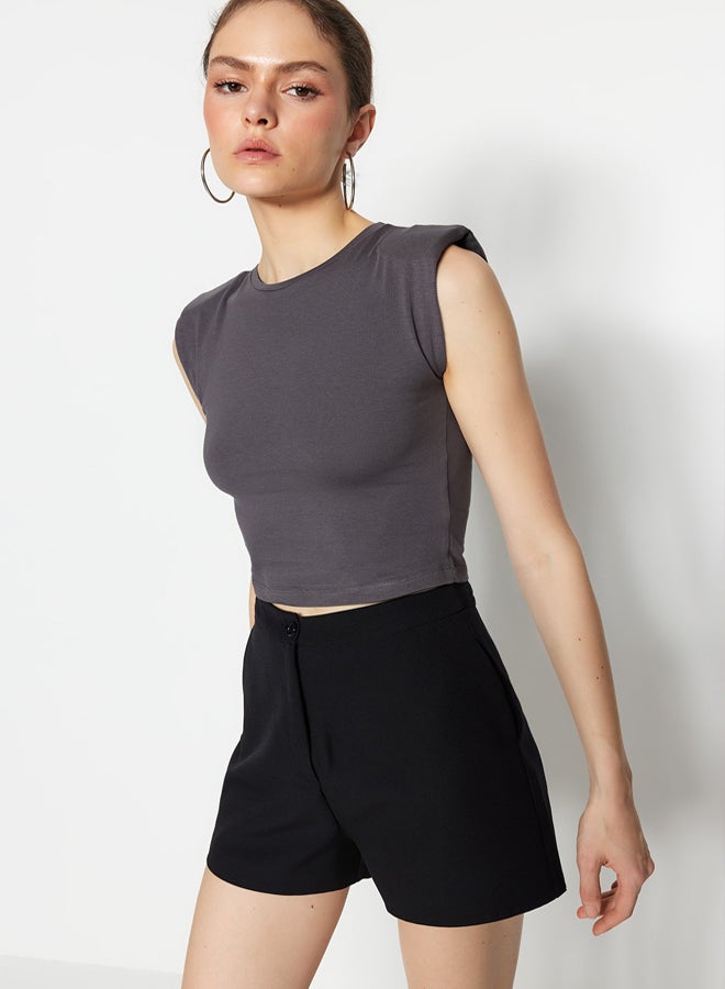 trendyol Anthracite Padded Fitted Crew Neck Crop Stretchy Knitted Blouse TWOSS23BZ00251 - Image 1