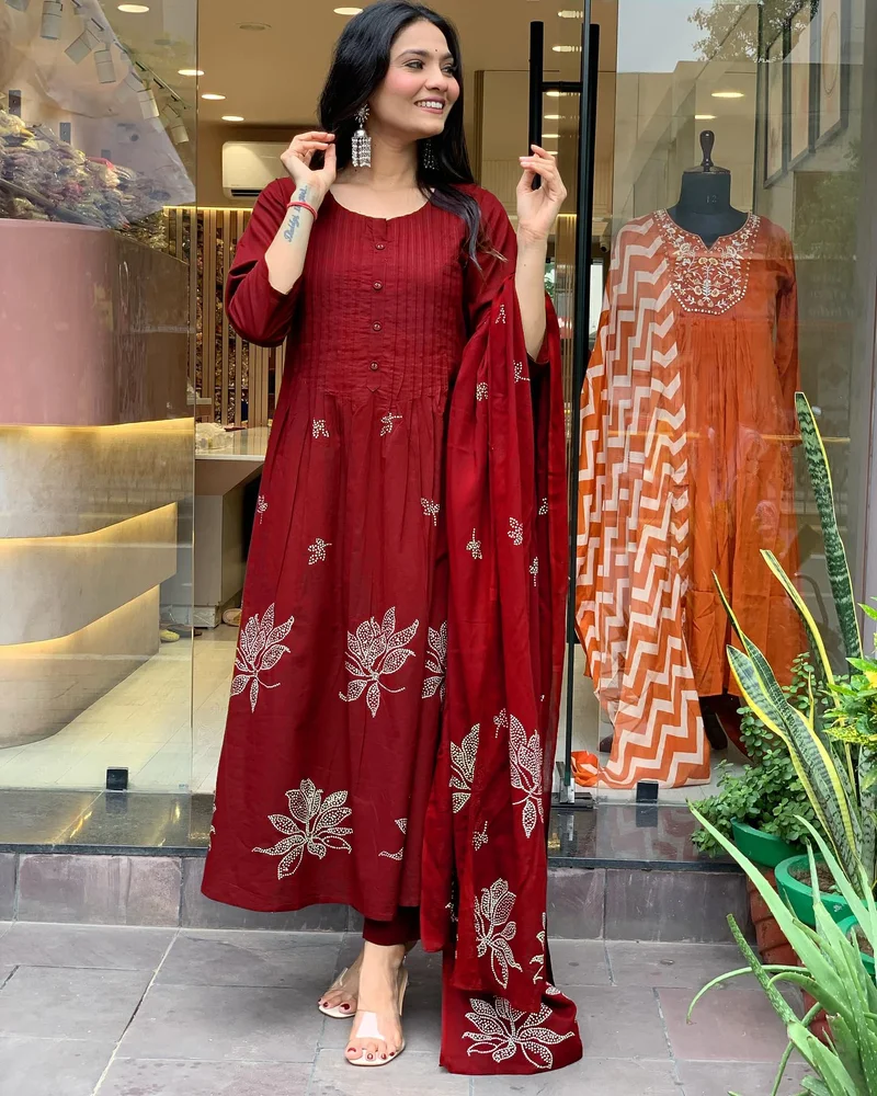 GoSriKi Red GoSriKi Women's Rayon Viscose Anarkali Printed Kurta with Pant & Dupatta (Gangori Red-GS_L_Red_Large) for Women | Best Price UAE