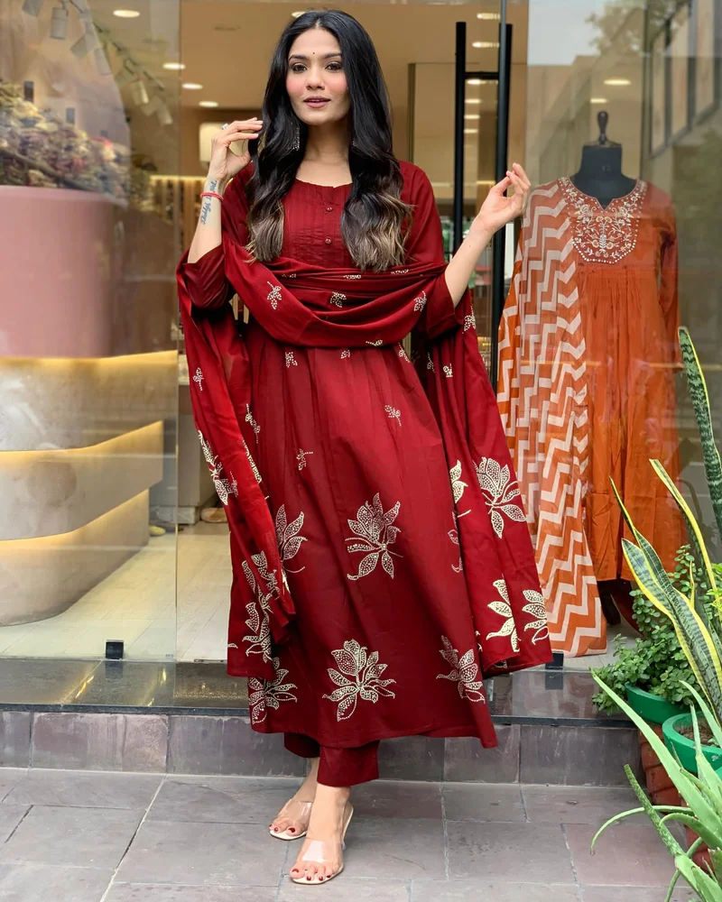 GoSriKi Red GoSriKi Women's Rayon Viscose Anarkali Printed Kurta with Pant & Dupatta (Gangori Red-GS_L_Red_Large) for Women | Best Price UAE