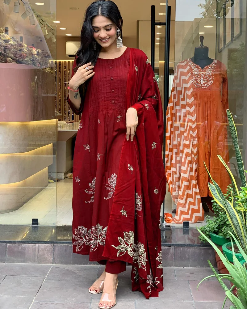 GoSriKi Red GoSriKi Women's Rayon Viscose Anarkali Printed Kurta with Pant & Dupatta (Gangori Red-GS_L_Red_Large) for Women | Best Price UAE