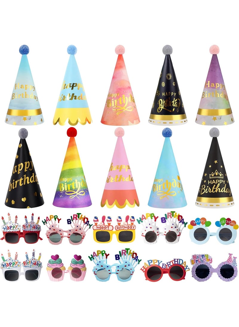 20 Pcs Birthday Party Hats for Adults Birthday Sunglasses Funny Rainbow Party Cone Hats with Pom Poms Photo Props Supplies(Rainbow Style) - Image 1