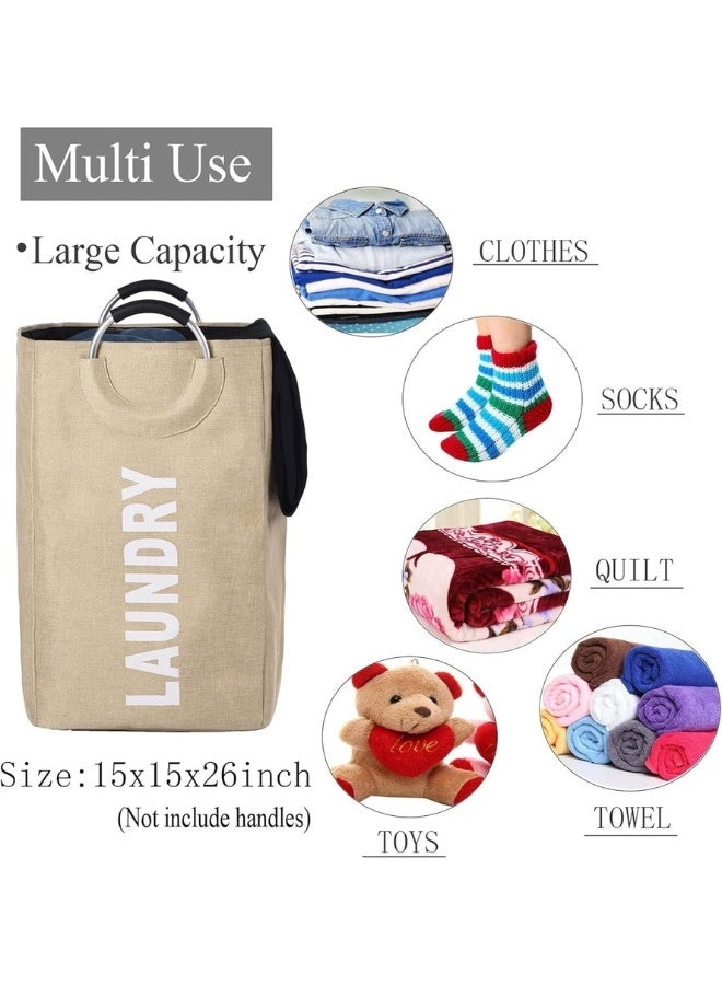 Large Collapsible Laundry Hamper with Alloy Handles, Foldable Heavy Duty Laundry Basket, Thicken Clothes Basket for College, Camping and Home - Beige - Image 2