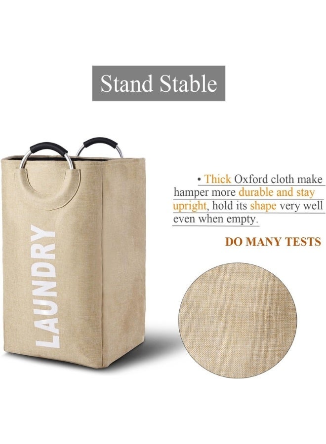Large Collapsible Laundry Hamper with Alloy Handles, Foldable Heavy Duty Laundry Basket, Thicken Clothes Basket for College, Camping and Home - Beige - Image 4