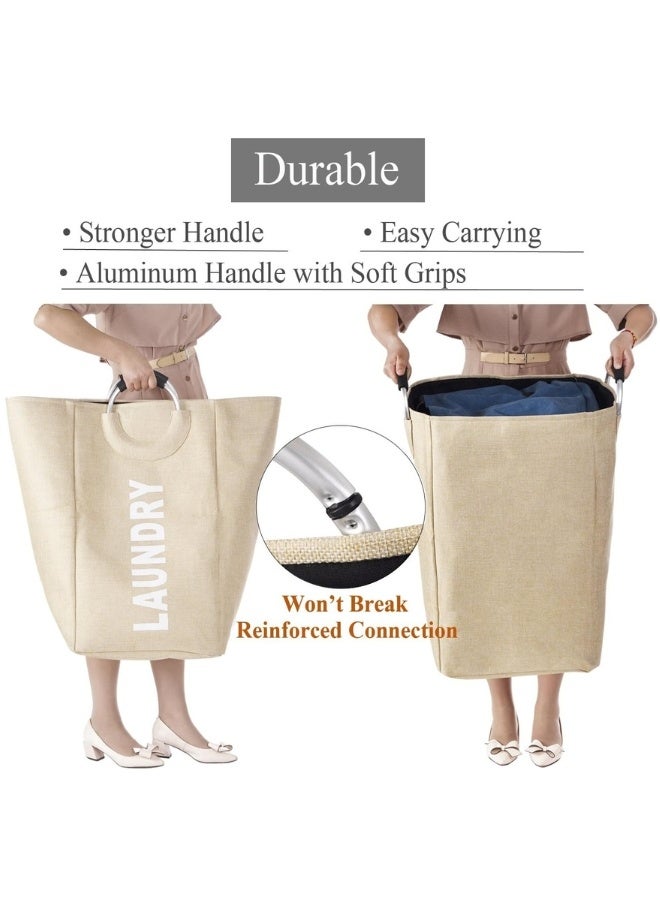 Large Collapsible Laundry Hamper with Alloy Handles, Foldable Heavy Duty Laundry Basket, Thicken Clothes Basket for College, Camping and Home - Beige - Image 3