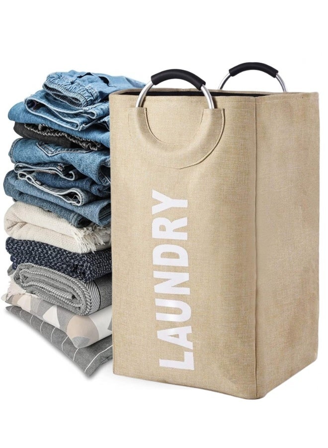 Large Collapsible Laundry Hamper with Alloy Handles, Foldable Heavy Duty Laundry Basket, Thicken Clothes Basket for College, Camping and Home - Beige - Image 1