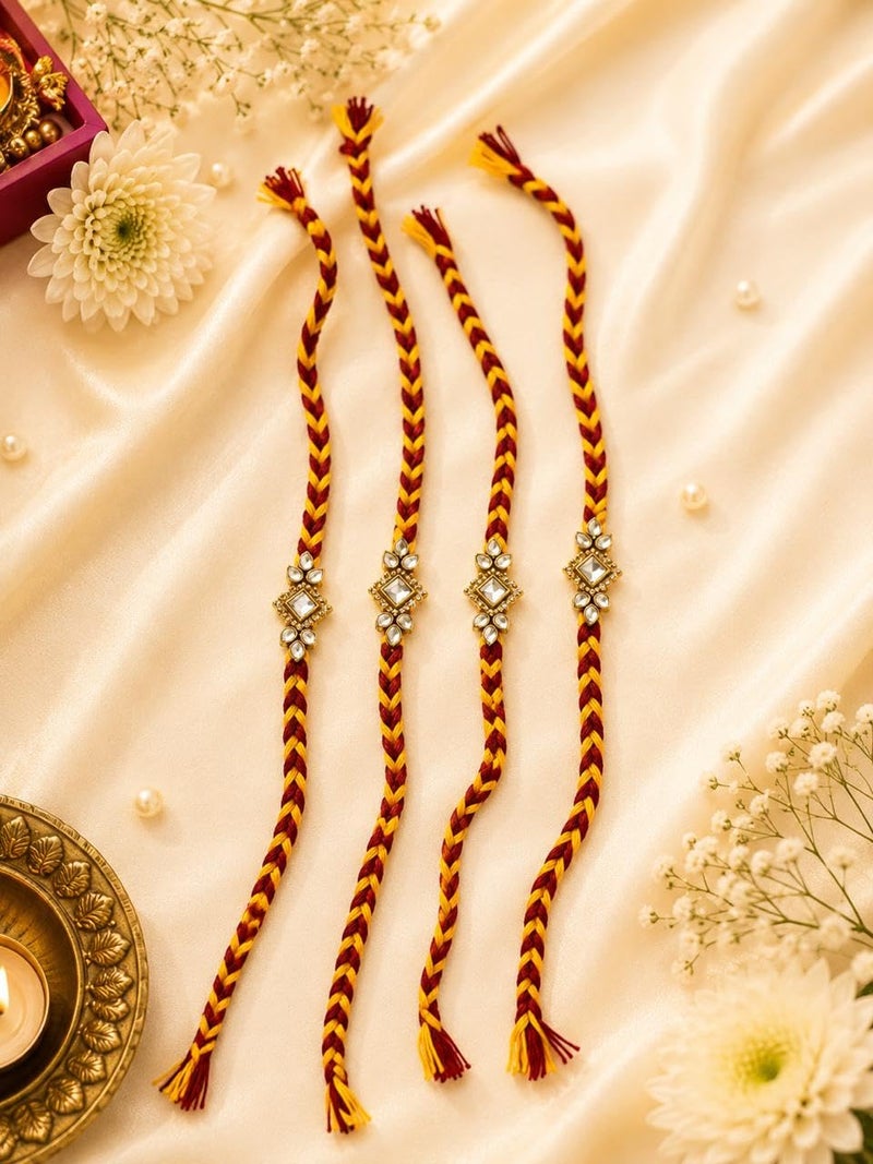 Rajshi Kundan Mauli Rakhi for Rakshabandhan | Braided Thread, Kundan Embellishment, Red & Yellow, Bhai Rakhi, Traditional Design