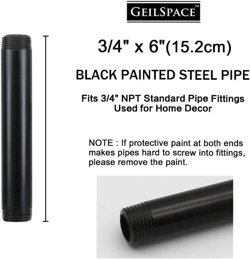 GeilSpace 6 Pack 3/4" × 6" Pre-Cut Black Metal Pipe, Industrial Steel Fits Standard Three Quarters Inch Black Threaded Pipes and Fittings - Vintage DIY Industrial Shelving (3/4" × 6") - Image 2