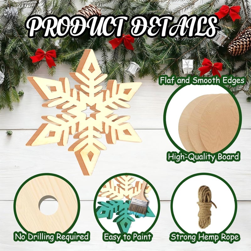 Tmflexe 20Pcs Large Snowflake Unfinished Wooden Cutouts Christmas Ornaments DIY Craft Gift Paintable Blank Snowflake Cutouts X'Mas Tree Hanging Wood Slices for Kids Art DIY Decor Winter New Year - Image 3