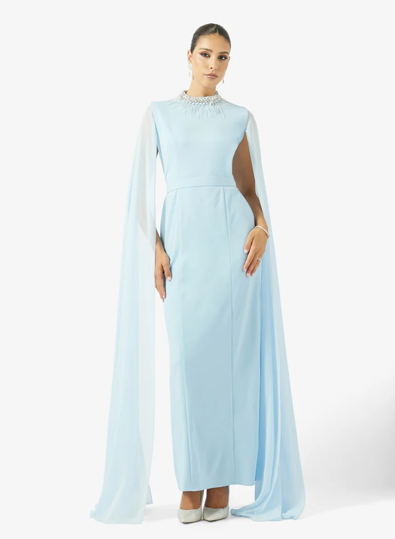 FEATHER NECK FLUTE SLEEVE CREPE DRESS