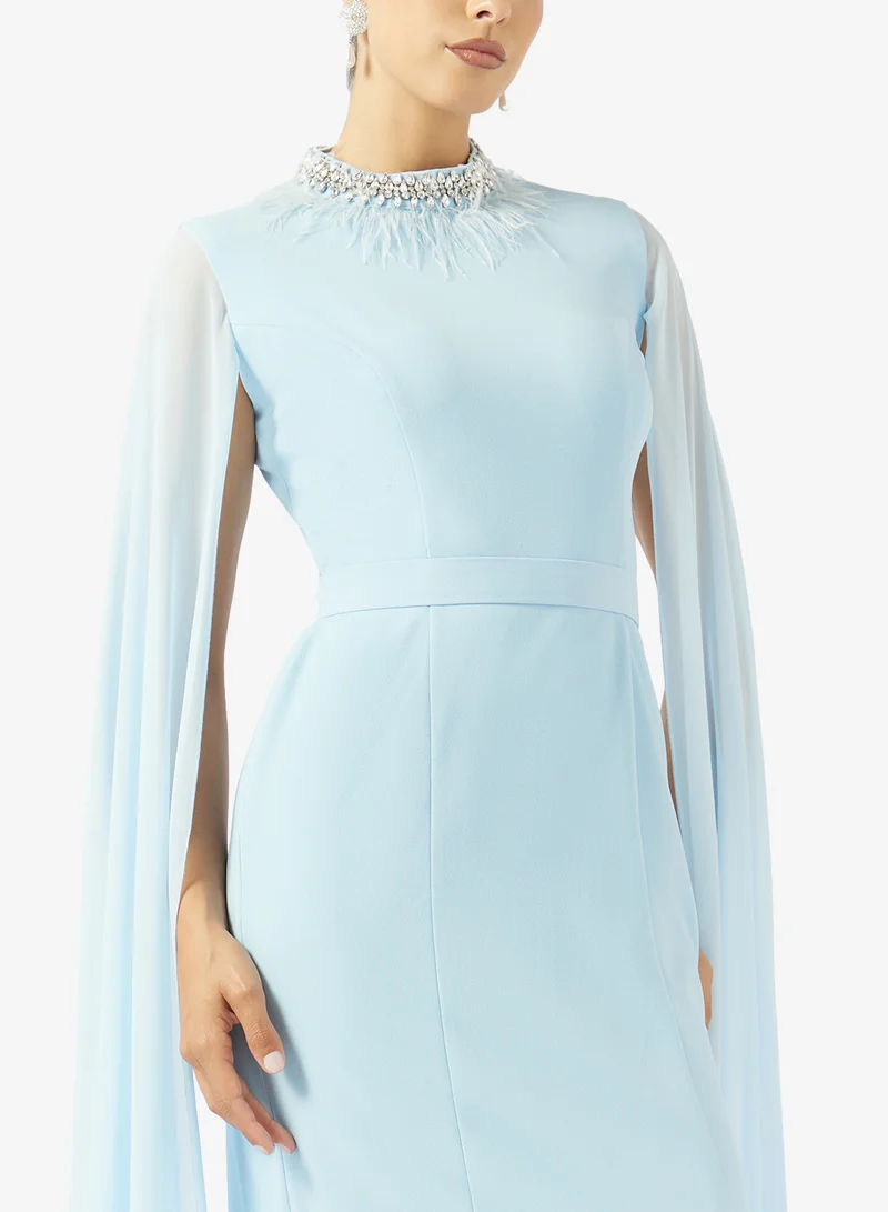 Akadia Fashion  FEATHER NECK FLUTE SLEEVE CREPE DRESS for Women | Best Price UAE