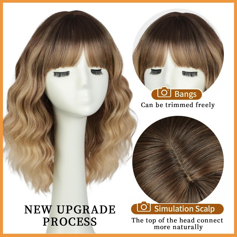 Lativ Blonde Wig With Bangs Short Wavy Curly Ombre Wig with Dark Roots Synthetic Heat Resistant Bob Wigs for Women Daily Party Use 14 Inches - Image 3