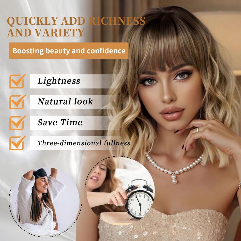 Lativ Blonde Wig With Bangs Short Wavy Curly Ombre Wig with Dark Roots Synthetic Heat Resistant Bob Wigs for Women Daily Party Use 14 Inches - Image 4