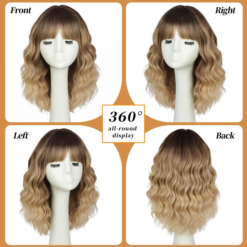 Lativ Blonde Wig With Bangs Short Wavy Curly Ombre Wig with Dark Roots Synthetic Heat Resistant Bob Wigs for Women Daily Party Use 14 Inches - Image 5