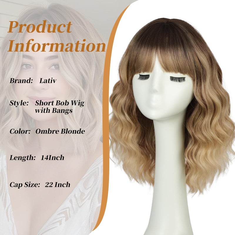 Lativ Blonde Wig With Bangs Short Wavy Curly Ombre Wig with Dark Roots Synthetic Heat Resistant Bob Wigs for Women Daily Party Use 14 Inches - Image 2