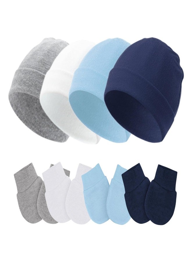Fecawd Baby Hats and Mittens Newborn Hats Gloves Infant Beanie Soft Cap Mitten Sets for 0-6 Months Boys Girls (Blue,4 Pcs) - Image 1