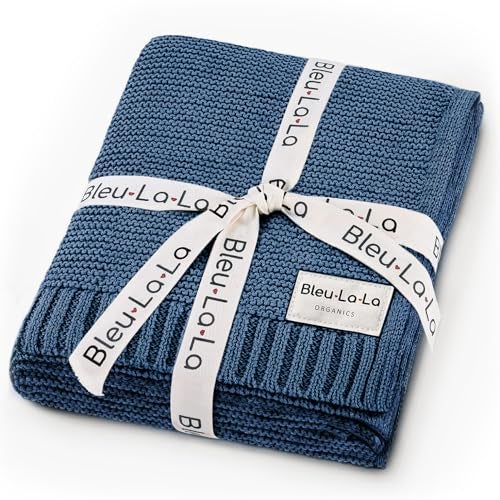 Bleu La La Heritage Knit Organic Cotton Receiving Swaddle Blanket for Boys 100 Organic Soft Luxury Cotton Warm Cuddle Swaddling Crib Blanket for Newborns Infants Toddler 02Yrs Denim Blue
