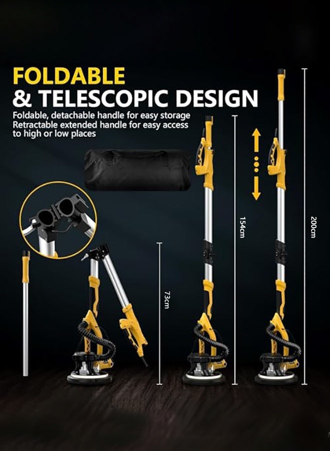 WALALLA 1250W Drywall Sander, 11.5A Electric Drywall Sander with Vacuum Dust Collection, 5 Variable Speed 800-1800RPM, Popcorn Ceiling Removal Tool with Extendable Handle, LED Light, 18pcs Sanding Discs - Image 4