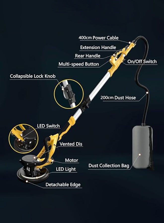 WALALLA 1250W Drywall Sander, 11.5A Electric Drywall Sander with Vacuum Dust Collection, 5 Variable Speed 800-1800RPM, Popcorn Ceiling Removal Tool with Extendable Handle, LED Light, 18pcs Sanding Discs - Image 2
