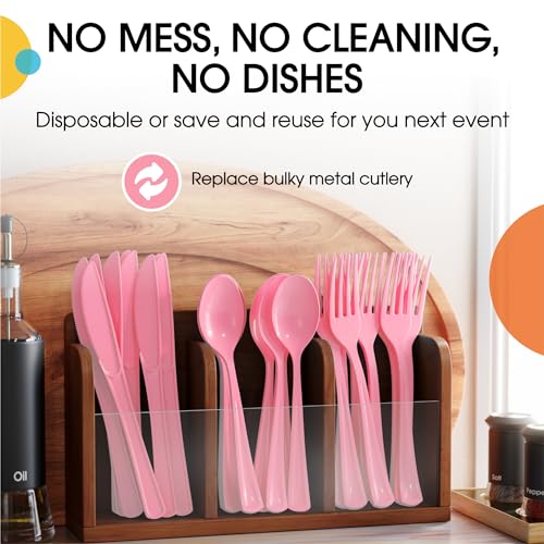Exquisite Pink Plastic Silverware Heavy Duty 160 Pieces Pink Disposable Silverware Heavy Duty, Utensil Sets, 80 Forks, 40 Knives & 40 Spoons Disposable Cutlery Set For Party Supplies - Image 5