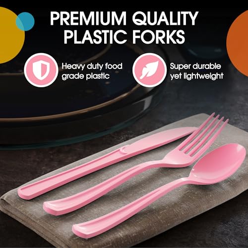 Exquisite Pink Plastic Silverware Heavy Duty 160 Pieces Pink Disposable Silverware Heavy Duty, Utensil Sets, 80 Forks, 40 Knives & 40 Spoons Disposable Cutlery Set For Party Supplies - Image 4