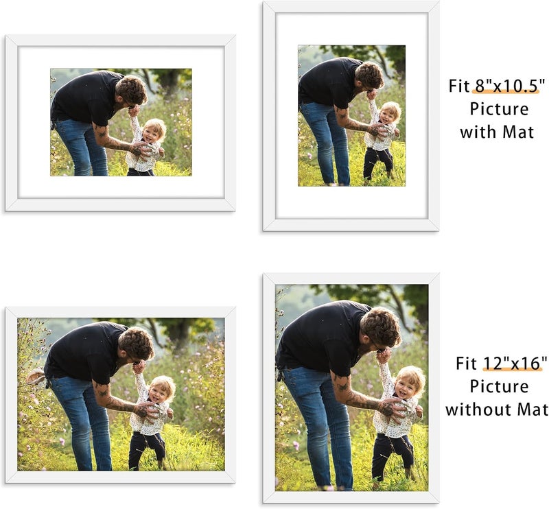 Picrit 12x16 Picture Frame Set of 12, Display 8.5x11 with Mat or 12x16 without Mat, Photo Frames for Wall Mounting Display, White - Image 3