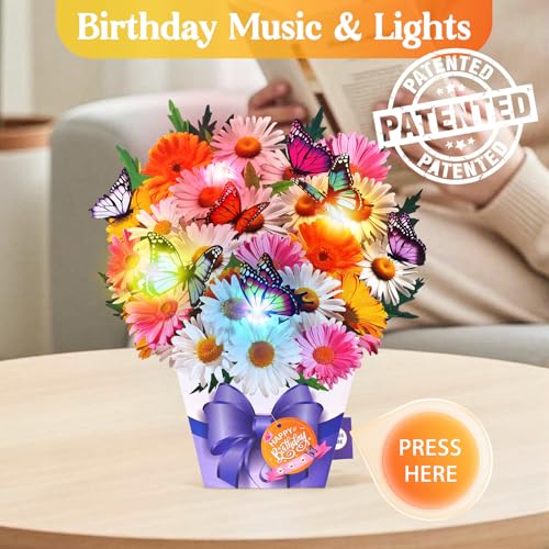 APOTODITO Birthday Cards, Butterfly & Daisy Birthday Card with Music and Light, Flower Bouquet 3D Card for Women Mom Wife - Image 2