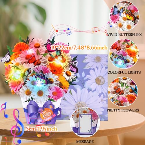 APOTODITO Birthday Cards, Butterfly & Daisy Birthday Card with Music and Light, Flower Bouquet 3D Card for Women Mom Wife - Image 5