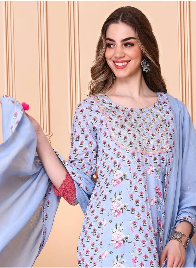 آي شين Regular Fit Three-Quarter Sleeve Printed Pink Cotton Woven Kurta Set For Women Flat Collar Perfect For Wedding And Engagement Pull On Closure